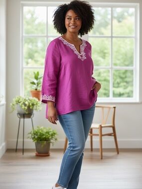 Talbots Linen  Embroidered V-Neck Tunic | XL | Resort | Preppy | Classic